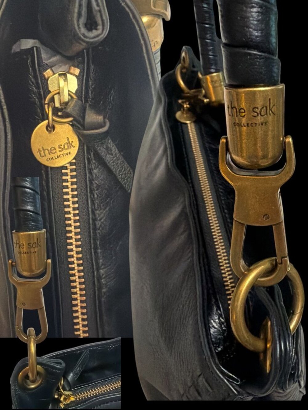 The Sak Collective Estrada Demi Bag Black Leather Brass Whipstitch Shoulder Hobo - Picture 10 of 10